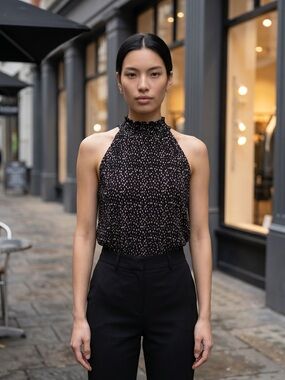 Adrianna Papell Womens Large Black Speckled Sleeveless Accord Pleat Blouse $59